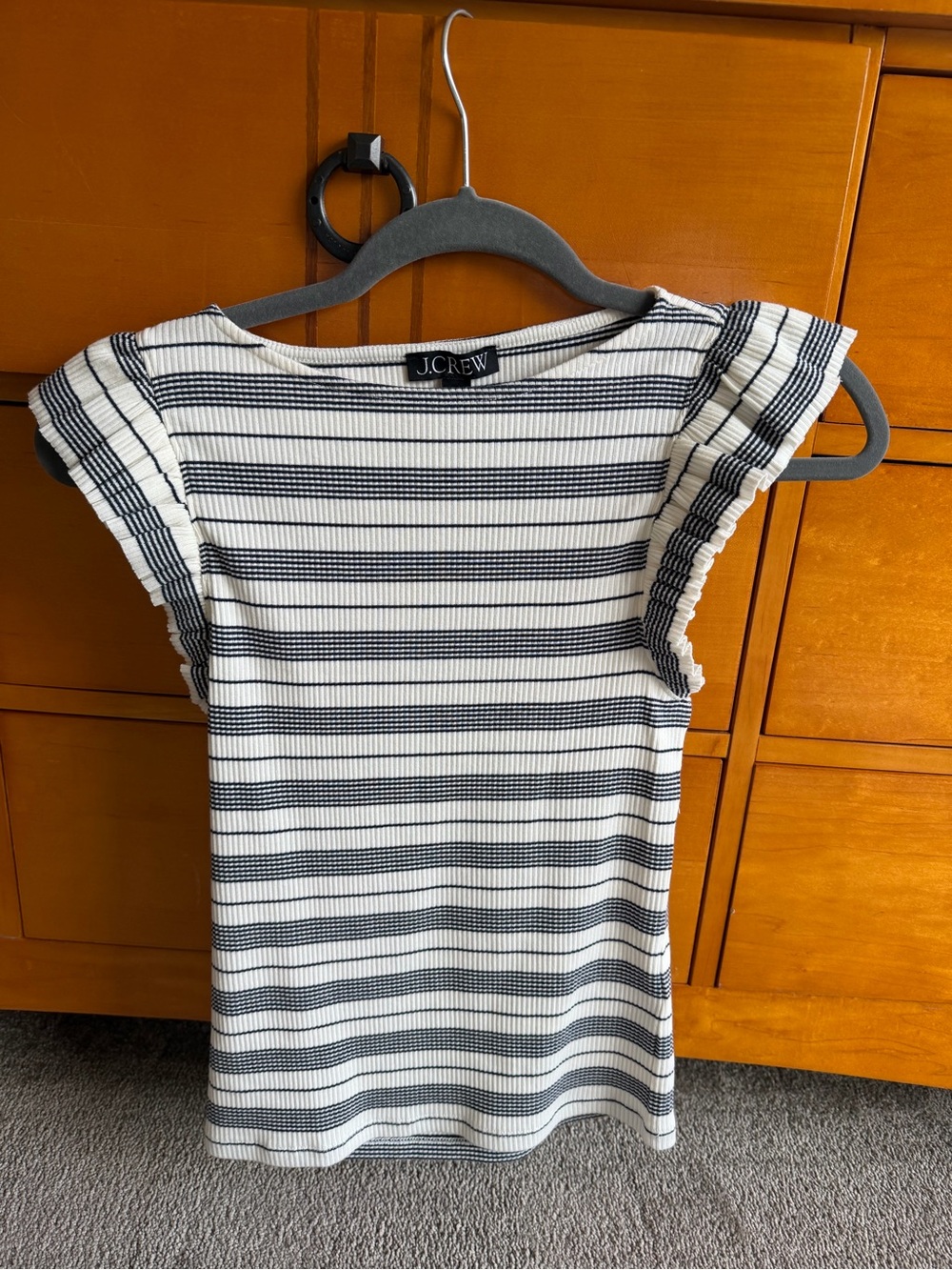 J. Crew White & Navy Ribbed Striped Flutter Sleeve Top